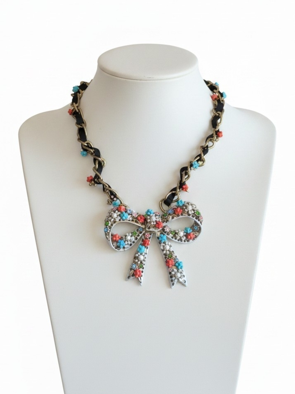 Betsey Johnson Bow Pendant Multicolor Floral Necklace - Women Jewelry VTG